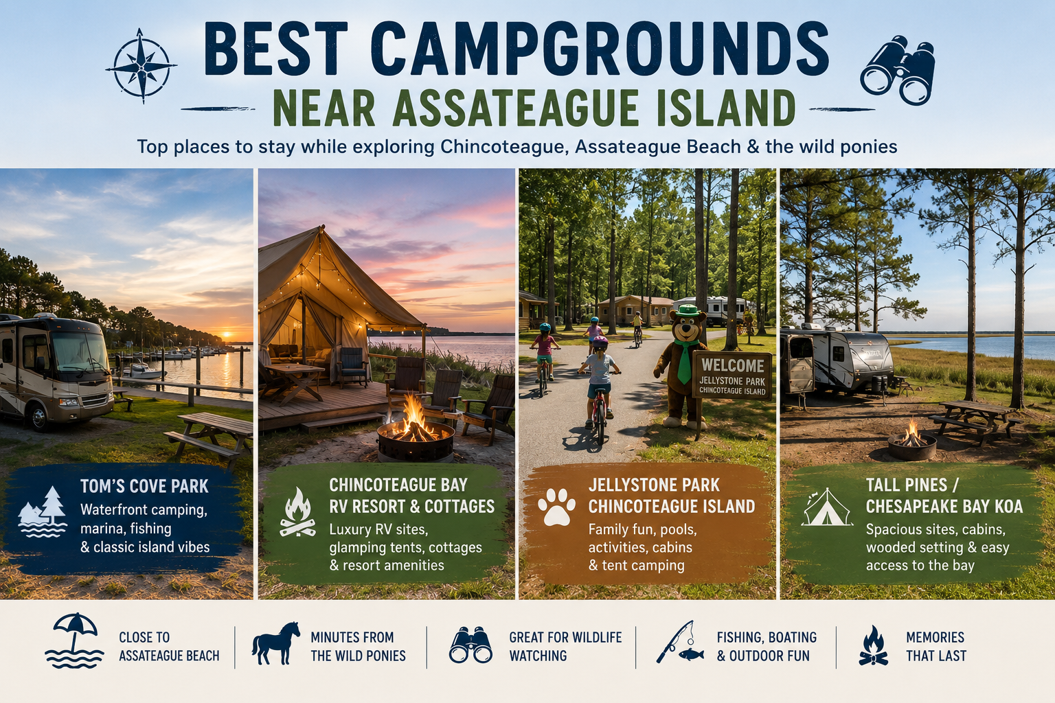 Comparison of the best campgrounds near Assateague Island featuring waterfront RV camping, glamping tents, family campgrounds, wooded campsites, and outdoor recreation near Chincoteague and Assateague Beach.