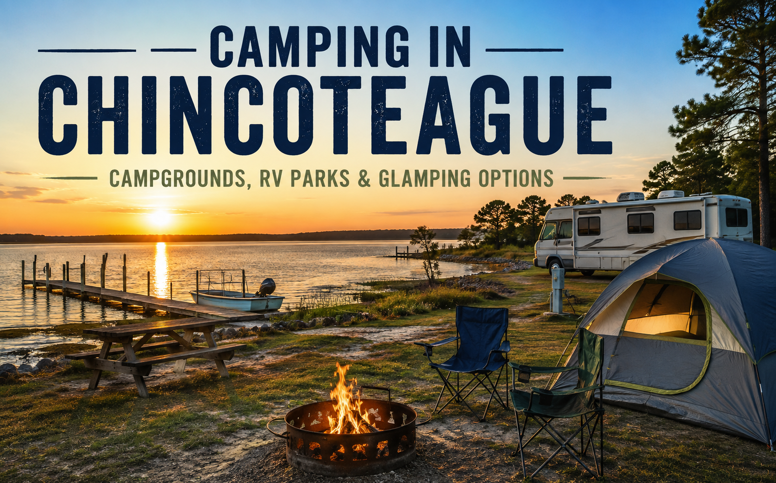 Sunset campground in Chincoteague featuring an RV, tent, campfire, picnic table, and waterfront campsite overlooking the bay, representing camping, RV parks, and glamping opportunities near Assateague Island.