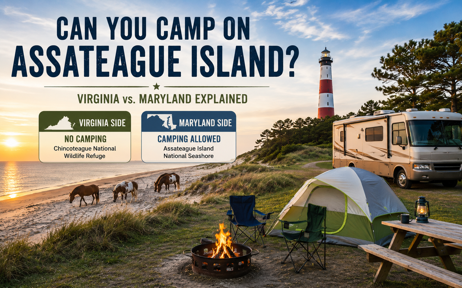 Can You Camp on Assateague Island? Hero image showing a campground near Assateague Beach with an RV, tent, campfire, wild ponies, and the Assateague Lighthouse, illustrating the difference between camping on the Maryland and Virginia sections of Assateague Island.
