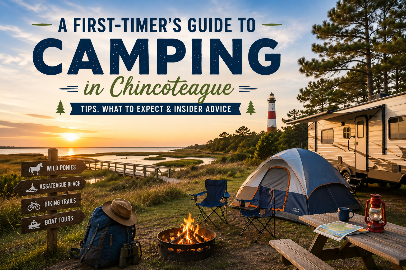 First-time camping in Chincoteague with an RV, tent, campfire, picnic table, and scenic marsh overlooking Assateague Island, featuring the Assateague Lighthouse and highlighting a beginner-friendly camping adventure on Virginia's Eastern Shore.